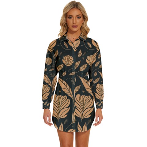 Background Pattern Leaves Texture Womens Long Sleeve Shirt Dress by Maspions