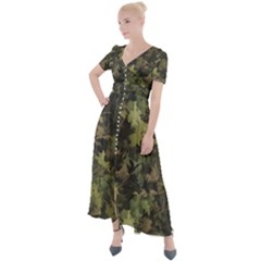 Green Camouflage Military Army Pattern Button Up Short Sleeve Maxi Dress