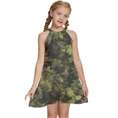 Green Camouflage Military Army Pattern Kids  Halter Collar Waist Tie Chiffon Dress by Maspions