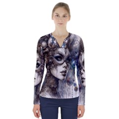 Woman In Space V-neck Long Sleeve Top by CKArtCreations