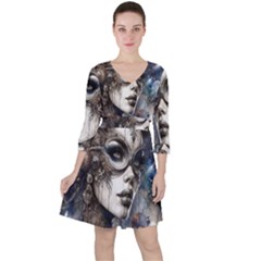 Woman In Space Quarter Sleeve Ruffle Waist Dress by CKArtCreations