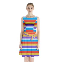 Stripes Pattern Design Lines Sleeveless Waist Tie Chiffon Dress