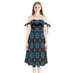 Flowers Pattern Floral Seamless Shoulder Tie Bardot Midi Dress by Maspions