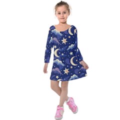 Night Moon Seamless Kids  Long Sleeve Velvet Dress