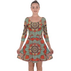 Mandala Floral Decorative Flower Quarter Sleeve Skater Dress