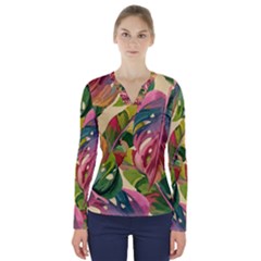 Monstera Colorful Leaves Foliage V-neck Long Sleeve Top