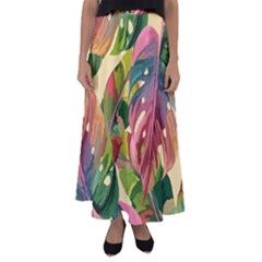 Monstera Colorful Leaves Foliage Flared Maxi Skirt by Maspions