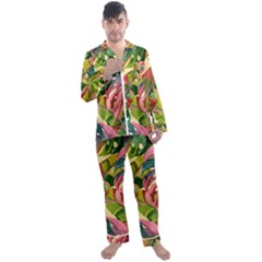 Monstera Colorful Leaves Foliage Men s Long Sleeve Satin Pajamas Set