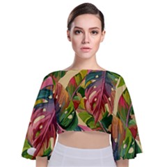 Monstera Colorful Leaves Foliage Tie Back Butterfly Sleeve Chiffon Top