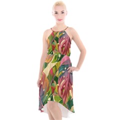 Monstera Colorful Leaves Foliage High-low Halter Chiffon Dress  by Maspions