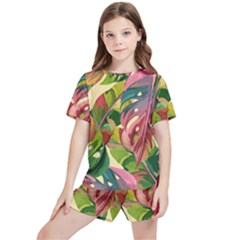 Monstera Colorful Leaves Foliage Kids  T-shirt And Sports Shorts Set