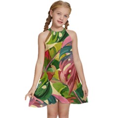 Monstera Colorful Leaves Foliage Kids  Halter Collar Waist Tie Chiffon Dress