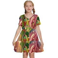 Monstera Colorful Leaves Foliage Kids  Short Sleeve Tiered Mini Dress by Maspions