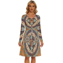 Mandala Floral Decorative Flower Long Sleeve Dress With Pocket