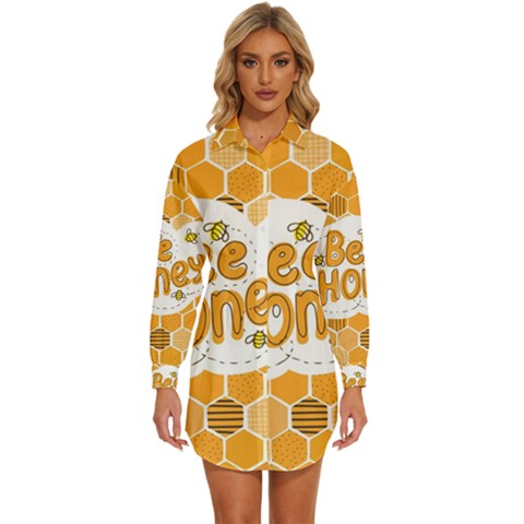 Bee Honey Honeycomb Hexagon Womens Long Sleeve Shirt Dress by Maspions