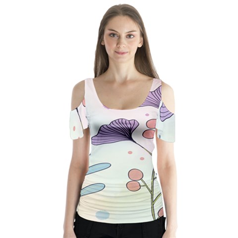Flower Paint Flora Nature Plant Butterfly Sleeve Cutout T-shirt  by Maspions
