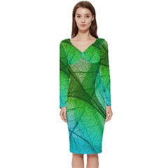 3d Leaves Texture Sheet Blue Green Long Sleeve V-neck Bodycon Dress  by Cemarart