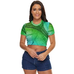 3d Leaves Texture Sheet Blue Green Side Button Cropped T-shirt by Cemarart