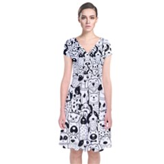 Seamless Pattern With Black White Doodle Dogs Short Sleeve Front Wrap Dress by Grandong