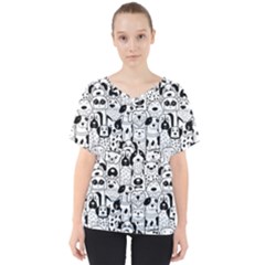 Seamless Pattern With Black White Doodle Dogs V-neck Dolman Drape Top