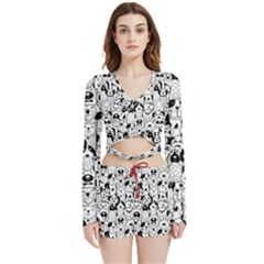 Seamless Pattern With Black White Doodle Dogs Velvet Wrap Crop Top And Shorts Set by Grandong