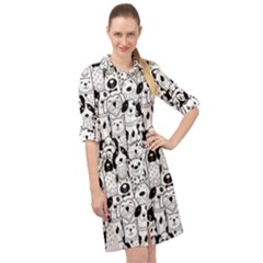 Seamless Pattern With Black White Doodle Dogs Long Sleeve Mini Shirt Dress by Grandong