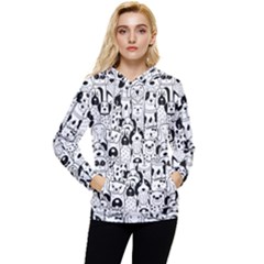Seamless Pattern With Black White Doodle Dogs Women s Lightweight Drawstring Hoodie