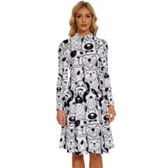 Seamless Pattern With Black White Doodle Dogs Long Sleeve Shirt Collar A-line Dress by Grandong