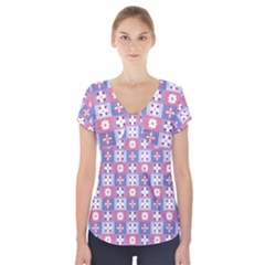 Flower Art Pattern Geometric Short Sleeve Front Detail Top