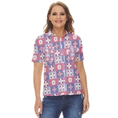 Flower Art Pattern Geometric Women s Short Sleeve Double Pocket Shirt