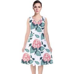 Flowers Hydrangeas V-neck Midi Sleeveless Dress 