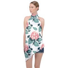 Flowers Hydrangeas Halter Asymmetric Satin Top