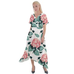 Flowers Hydrangeas Cross Front Sharkbite Hem Maxi Dress by Maspions