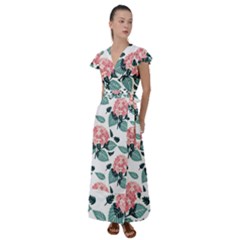 Flowers Hydrangeas Flutter Sleeve Maxi Dress