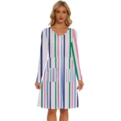 Stripes Pattern Abstract Retro Vintage Long Sleeve Dress With Pocket