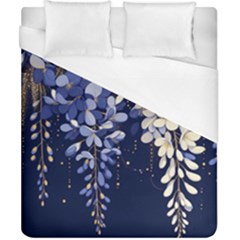 Solid Color Background With Royal Blue, Gold Flecked , And White Wisteria Hanging From The Top Duvet Cover (california King Size) by LyssasMindArtDecor