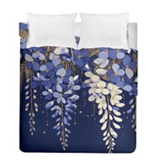 Solid Color Background With Royal Blue, Gold Flecked , And White Wisteria Hanging From The Top Duvet Cover Double Side (full/ Double Size) by LyssasMindArtDecor