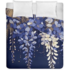 Solid Color Background With Royal Blue, Gold Flecked , And White Wisteria Hanging From The Top Duvet Cover Double Side (california King Size) by LyssasMindArtDecor