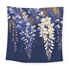 Solid Color Background With Royal Blue, Gold Flecked , And White Wisteria Hanging From The Top Square Tapestry (large) by LyssasMindArtDecor