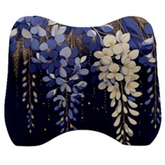 Solid Color Background With Royal Blue, Gold Flecked , And White Wisteria Hanging From The Top Velour Head Support Cushion by LyssasMindArtDecor