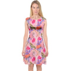 Pink Glowing Flowers Capsleeve Midi Dress