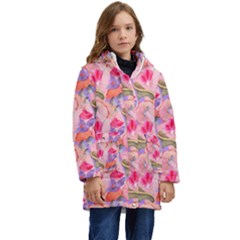 Pink Glowing Flowers Kids  Hooded Longline Puffer Jacket by Sparkle