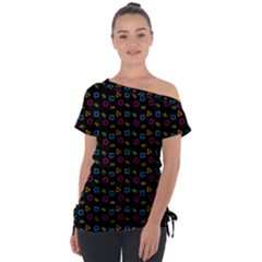 Background Ornamental Pattern Off Shoulder Tie-up T-shirt