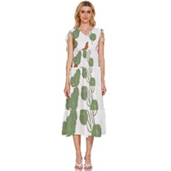 Nasturtium Flower Plant Leaves V-neck Drawstring Shoulder Sleeveless Maxi Dress by Maspions