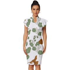 Nasturtium Flower Plant Leaves Vintage Frill Sleeve V-neck Bodycon Dress by Maspions