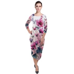 Flora Floral Flower Petal Quarter Sleeve Midi Velour Bodycon Dress