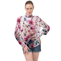 Flora Floral Flower Petal High Neck Long Sleeve Chiffon Top