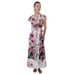 Flora Floral Flower Petal Flutter Sleeve Maxi Dress