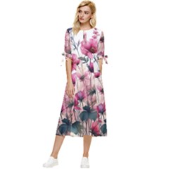 Flora Floral Flower Petal Bow Sleeve Chiffon Midi Dress