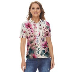 Flora Floral Flower Petal Women s Short Sleeve Double Pocket Shirt